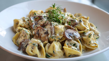 Tortellini with creamy mushroom sauce on a white plate.の素材