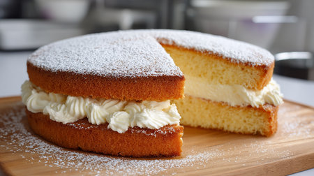 Close-up of a sponge cake with cream and icing sugar.の素材