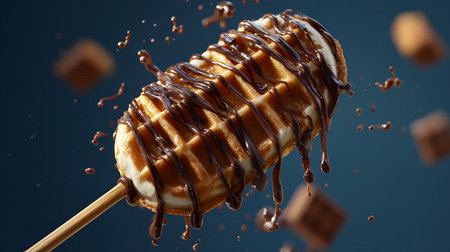 close up of a waffle with chocolate and sugar on a stickの素材