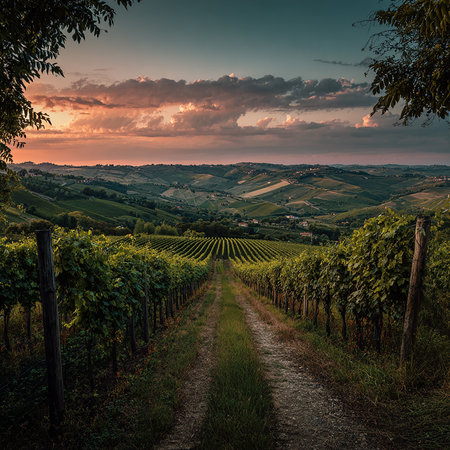 Vineyard in Tuscany, Italy, at sunset.の素材