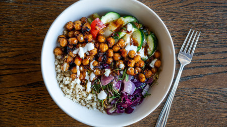 Bowl of quinoa with chickpeas, cucumber, onion and feta cheese on wooden tableの素材