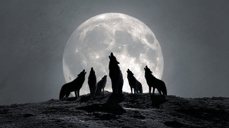 Silhouettes of wolf in front of the full moon. 3D renderingの素材