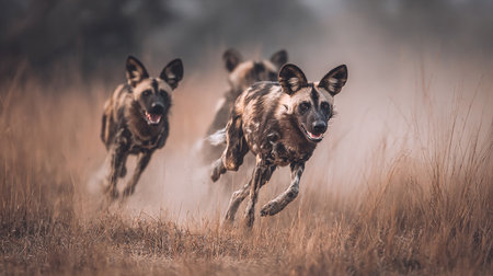 African wild dogs running in the field, Kruger National Park, South Africa ; Specie Lycaon pictus family of Canidaeの素材