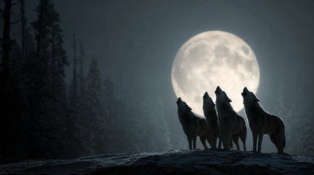 Wolf howling at the full moon in the forest. 3D renderingの素材
