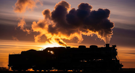 Steam locomotive at sunset with clouds on the sky. Industrial landscapeの素材