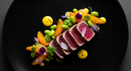 tuna fillet with vegetables and fruits on a black plate.の素材