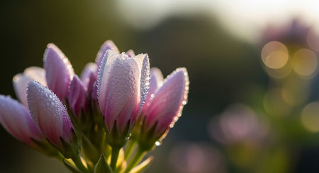 Water droplets on the petals of a pink flower in the sunlightの素材