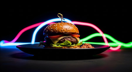 Hamburger on black plate on dark background with colorful neon lightsの素材
