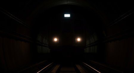 3D render of a train station tunnel with lights in the darknessの素材