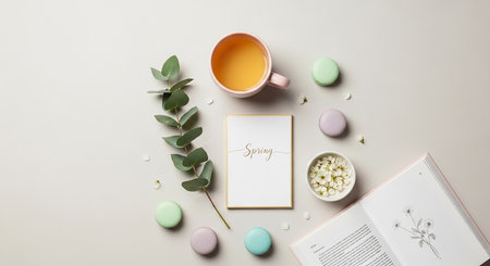 Flat lay composition with cup of tea, notebook and macaroons on light backgroundの素材