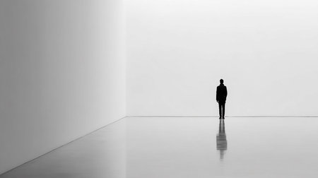 Silhouette of a man standing in a white room with reflectionの素材