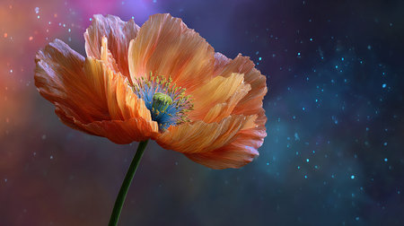 poppy flower on a dark background with bokeh and starsの素材