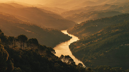 Aerial view of the river and mountains in the morning light.の素材