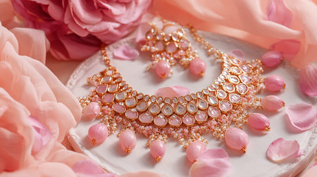 Beautiful jewelry on a background of pink flowers, close-upの素材