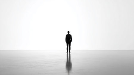 Businessman standing in front of an empty white wall with copy spaceの素材