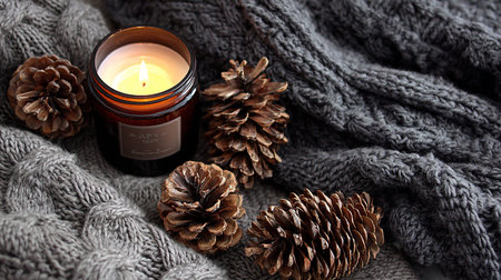Aromatherapy candle and pine cones on grey knitted backgroundの素材