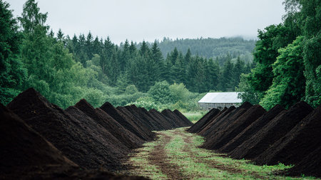 Pile of fertile soil in the forest with a farm house in the backgroundの素材