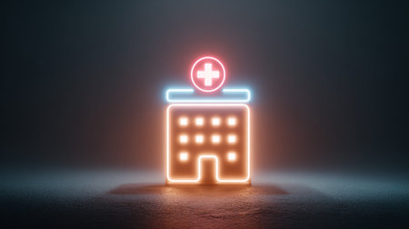 Hospital icon in dark room with neon light. 3D renderingの素材