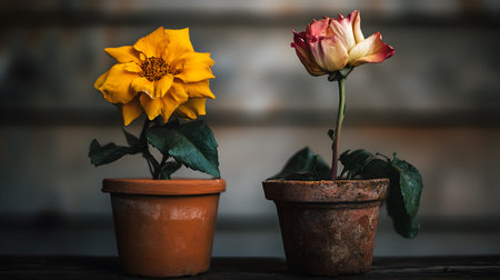 Flower in pot on wooden table,vintage color tone.の素材