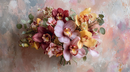 Beautiful bouquet of orchids on a textured backgroundの素材