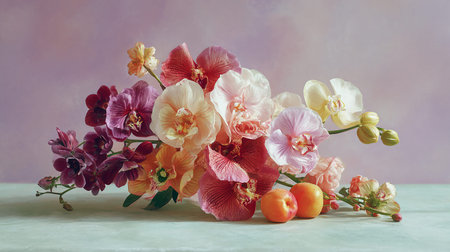 Still life with orchids and plums on a light backgroundの素材