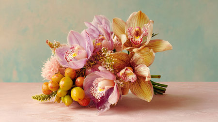 Bouquet of orchids and other flowers on a tableの素材