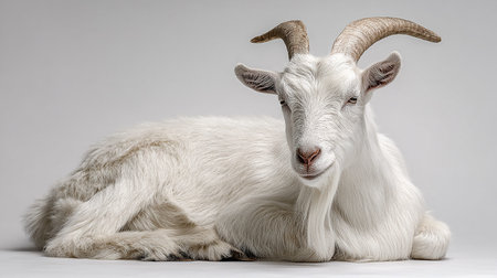 White goat with horns on a gray background, studio shot, isolatedの素材