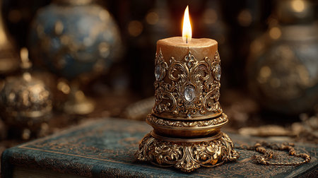Candle in a candlestick on the background of old booksの素材