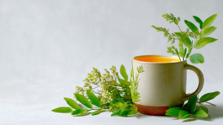 Cup of tea with green leaves on a white background with copy spaceの素材