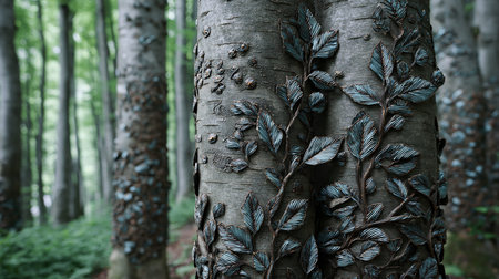 Close-up of a tree trunk with leaves in a forest.の素材