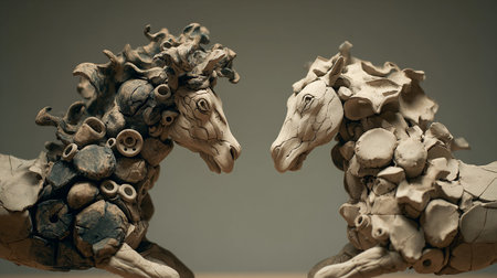 Two horses made of clay on a gray background. Selective focus.の素材