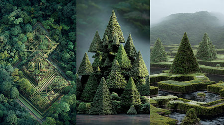Collage of evergreen trees in the rainforest on a foggy dayの素材