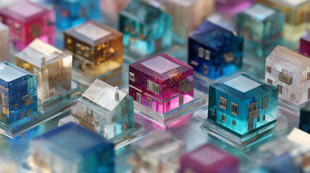 Colorful cubes with houses on a blue background. 3d illustrationの素材