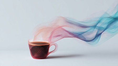 Cup of coffee with colorful smoke on gray background. 3D renderingの素材