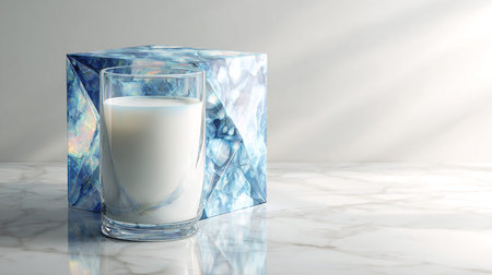 Glass of milk on white marble table. 3d render illustration.の素材