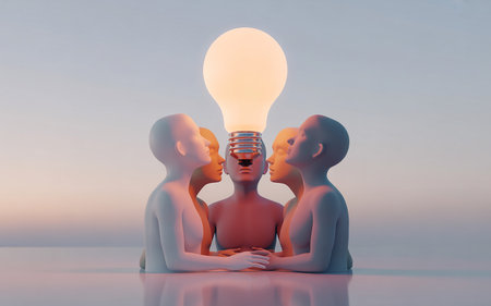 3d rendering of group of people with light bulb in the headの素材