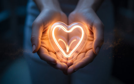 Female hands holding glowing neon heart on dark background. 3D renderingの素材