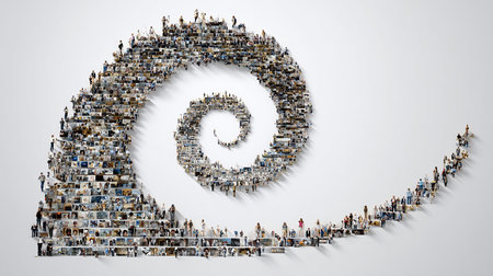 Large group of people in the form of a spiral. Mixed mediaの素材