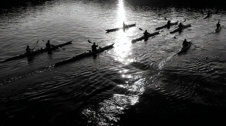 Silhouette of a group of people rowing on the riverの素材