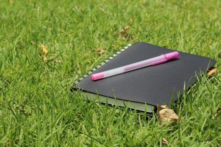 notebook and  pen on grassの写真素材