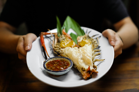 Grilled Giant River Prawn Barbe que seafood at Ayutthaya in Thailandの写真素材