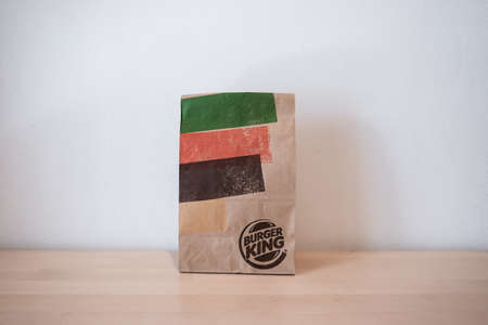 Bangkok, Thailand - april 16, 2021 :Delivery packaging burger king paper bag . Burger King is a global chain of hamburger fast food restaurants headquartered in United States.のeditorial素材