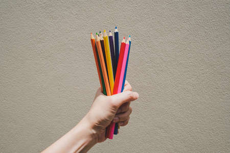 Colored pencils background. Color pencils with shadow on wooden background