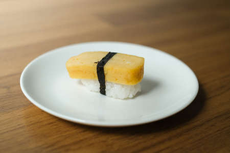 Crab stick sushi or Japanese kani sushi set on white plate, Japanese food styleの写真素材