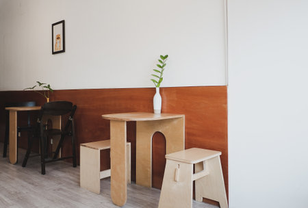 Japanese design of coffee shop chairs and coffee table furniture interior, Warm mood shop design.の写真素材