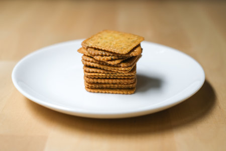 Homemade thin crispy crackers on white plate, Selective Focus.の写真素材