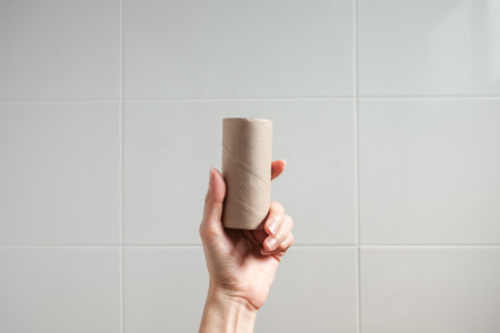 Empty tissue paper roll in bathroom.の写真素材