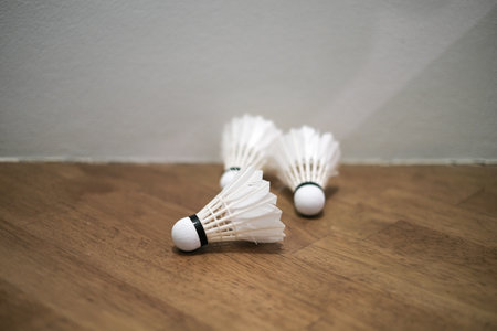 A group of badminton Shuttlecocks are scattered on the ground.