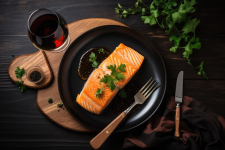 Salmon fillet with parsley and red wine on wooden backgroundの素材