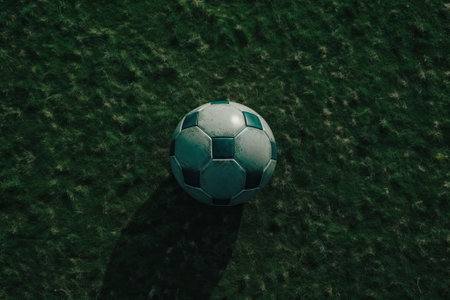 ball on the green field with soccer stadiumの素材